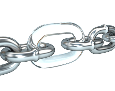 3D illustration of steel chain with a weak link in the glass. Business management concept. High-quality rendering. Isolated object on a white background.の写真素材