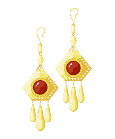 Vector illustration of shiny golden earrings on a white background. Cartoon style earrings with 
red gemのイラスト素材