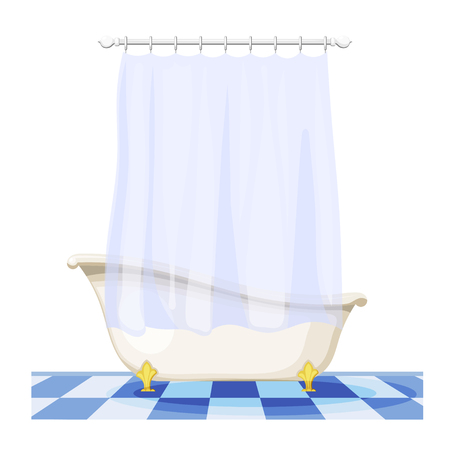 Vector illustration of vintage bathtub with a curtain on the tile floor. Furnishings bathroom. 
Retro bath with curtain, hygiene facilityのイラスト素材
