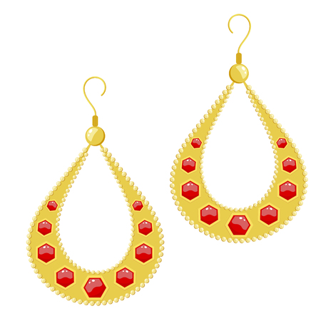 Vector illustration golden earrings on a white background. Cartoon style earrings with red gemのイラスト素材