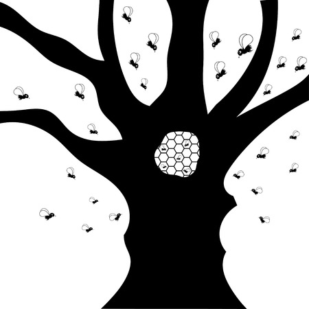 Black tree with bee hive on a white background. Bee hiveon a tree. Stock Vector illustration of bee house. Insect life in nature. Bees near the hive. Beehive in a tree branch.のイラスト素材