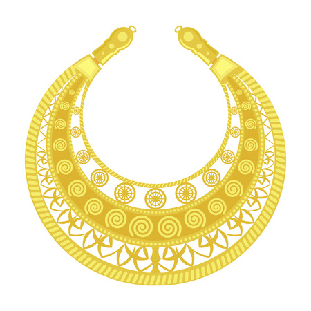 Gold pectoral on a white background. Old woman's jewelry. Golden detail of the female costume of the Scythians. Vintage objectのイラスト素材
