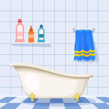 Vector illustration of vintage bathtub on the tiled floor with plastic bottles of shampoo and a 
blue towel on the wall. Cartoon style. Set of items for care. Retro bathroomのイラスト素材
