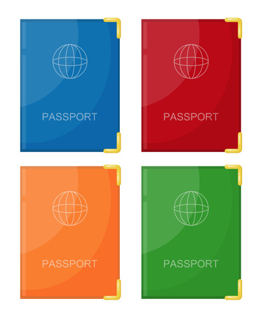Vector illustration of a set color passport in a color cover on a white background. Isolated 
object. Cartoon style passportのイラスト素材