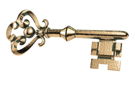 Abstract retro golden key with grunge on a white background. Key gold vintage isolated objectの写真素材
