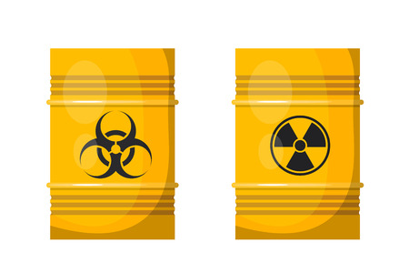 Vector illustration of two yellow metal barrels with black signs of radiation and bacteriological 
danger on the side. Isolated object. Bright yellow barrels with dangerous contentのイラスト素材