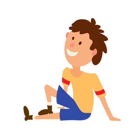 Vector illustration of a boy in a yellow T-shirt and shorts sitting on the floor. Colored figure child in a position of restのイラスト素材