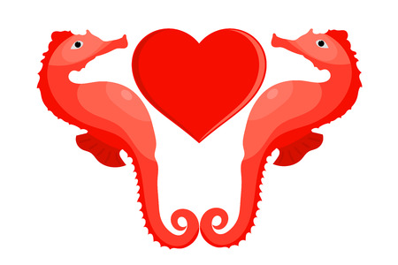 Bright image of two lovers seahorses. The symbol of true love. The concept of Valentine's Day. Cartoon vector illustration style.のイラスト素材