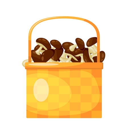 Abstract rural wicker basket with mushroom. Cartoon style. Vector illustration of a 
simple basket with ripe mushroomのイラスト素材