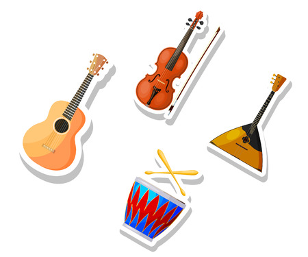 Set of color vector Cartoon musical instruments on a white background. Stickers musical 
instruments guitar, violin, drum, balalaika. Stock vector illustrationのイラスト素材