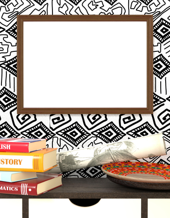 Mock up interior. Books on a wooden table. Bright African plate and stack student books. Wooden frame with blank canvas. 3d rendering.の写真素材
