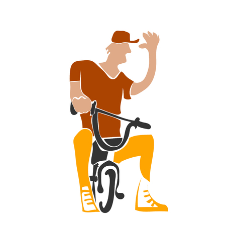 Vector illustration of abstract young man on a bicycle with his hand raised on a white backgroundのイラスト素材