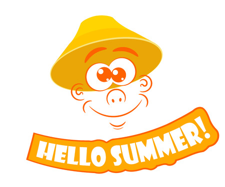 Illustration of abstract cute face with a yellow hat and the text "hello Summer" on 
a white backdrop.のイラスト素材