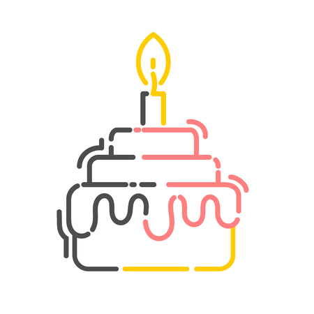 Cake with a candle that burns in a linear style. Color line icon. Isolated on white background. Vector illustration.のイラスト素材