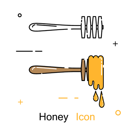 Wooden spoon and drops of honey in a linear style. Line icon. Isolated on white background. Vector illustration.のイラスト素材