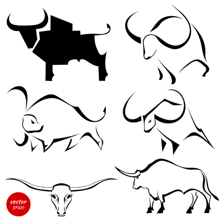Set of black images of wild bulls. Abstract stylized buffalo on a white background. Vector illustrationのイラスト素材