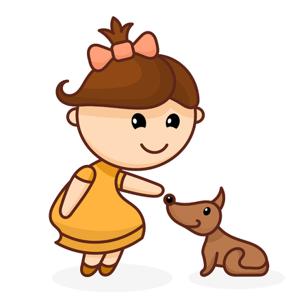 Abstract color image of a cute little girl with a bow and a dog. Cartoon girl with dog on white background. Vector illustrationのイラスト素材
