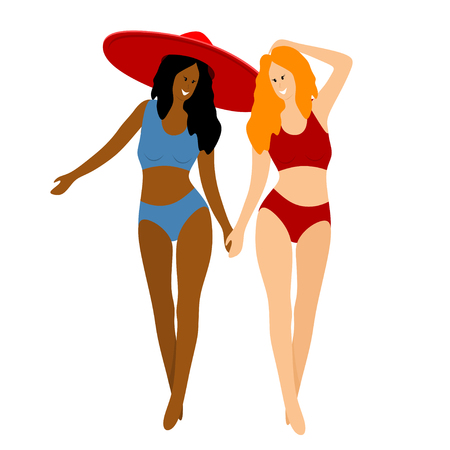Abstract color image of two young beautiful girls in a hat on the beach. Flat simple figure of girlfriends. Vector illustrationのイラスト素材