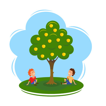 Boys near the apple tree. Cartoon vector illustration of an apple tree and two seated boys. Flat style. Vector drawingのイラスト素材