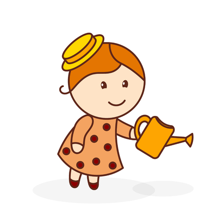 Abstract color image of a little cute girl in a hat watering from a watering-can. Girl with watering can on a white background. Vector illustrationのイラスト素材