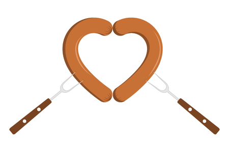 Two sausages on forks on a white background. Cartoon style sausages on heart shaped forks. Symbol of a picnic in nature. Vector illustrationのイラスト素材
