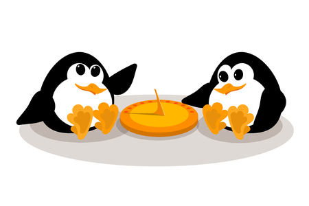 Concept of a sundial. Abstract image of two small penguins near a sundial on a white background. Children penguins near the old clock. Vector illustrationのイラスト素材