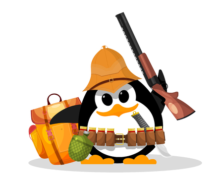 Penguin on a safari. Abstract humorous image of a small penguin with accessories for a safari. Young hunter is a cardboard style. Vector illustrationのイラスト素材