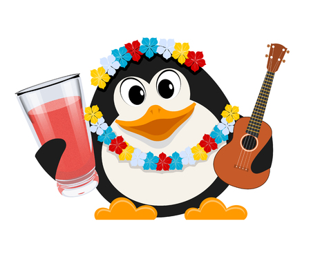 Holidays in Hawaii. Cartoon style color image of a small cute penguin with garlands of flowers and a guitar. Vector illustrationのイラスト素材