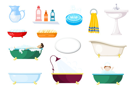Set of items for the bathroom. Various baths and hygiene items on a white background. Vector illustrationの写真素材
