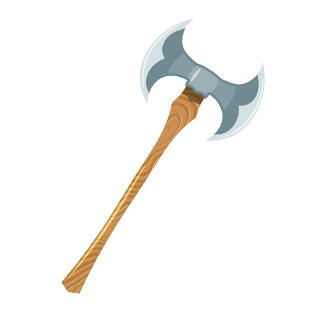 Color image of a viking ax on a white background. Vector illustration of a two-handed Viking ax in Cartoon styleのイラスト素材