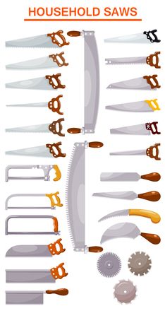 Household saws. Vector set of household saws in a style of a cardboard on a white background. Color illustration of a home tool for working on woodのイラスト素材