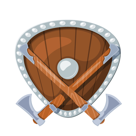 Colored illustration of two battle Scandinavian axes against the background of a shield. Vector image of Viking axes and shield in cartoon styleのイラスト素材