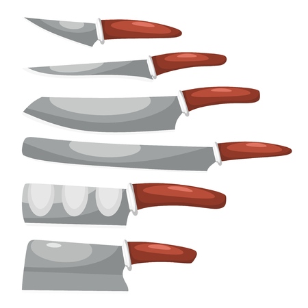 Collection of knives on a white background. Vector illustration of a set of kitchen knives in a cartoon style. Chef's Toolsのイラスト素材