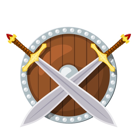 Color image of a round shield and two battle sword on a white background. Viking weaponry in Cartoon style. Vector illustrationのイラスト素材