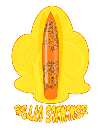 Color image of a yellow surfboard on a yellow background. Vector illustration of the symbol of surfing with doodle elements in the design.のイラスト素材