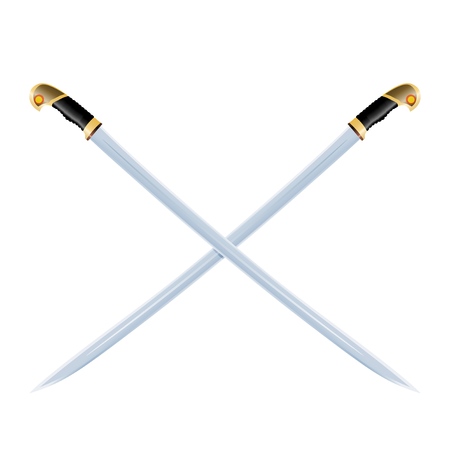 Color image of two crossed vintage sabers on a white background. Vector illustration of retro swordsのイラスト素材