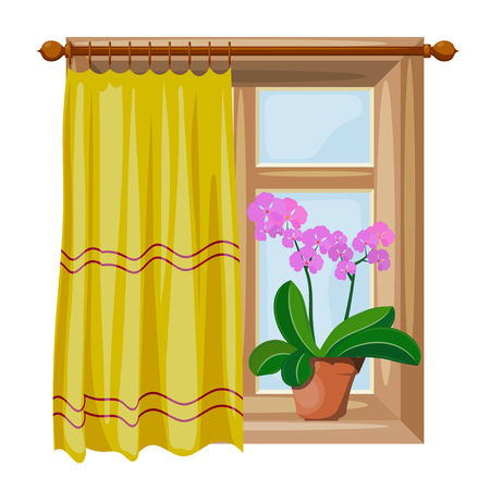 Color image Cartoon style windows with curtains on a white background. Vector illustration of a window with an orchid flowerのイラスト素材