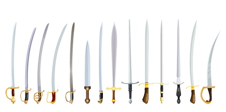 Vector illustration of an old weapon on a white background. Vintage swords with hilts, color image...