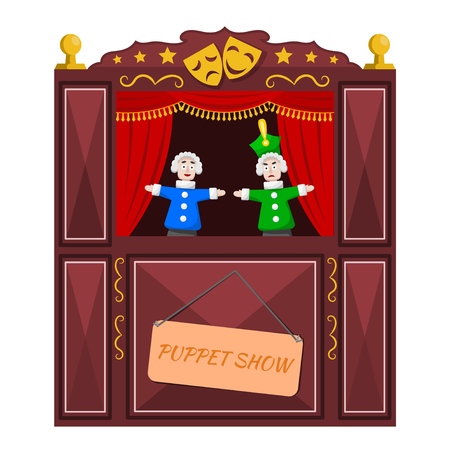Bright a puppet theater on a white background. Vector illustration of a puppet theater with open scenes and dolls. Cartoon style.のイラスト素材