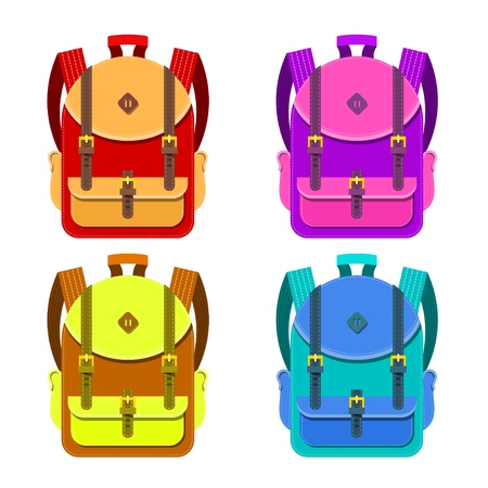 Color image of a backpacks on a white background. School backpack are object isolated. Vector illustration of children's bag.のイラスト素材