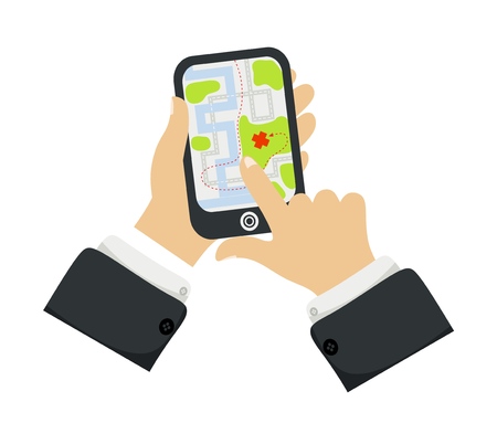 Hand holding phone with map Mobile gps navigation and tracking concept. New Flat vector cartoon illustration. Location track app on touch screen smartphone.のイラスト素材