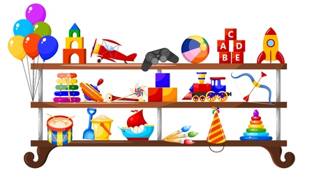 Color image group of icons of children's toys on a wooden shelf. Set of Isolated objects.のイラスト素材