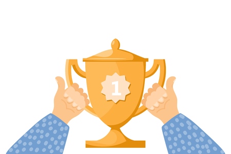 Vector concept of victory. Two men's hands hold a gold cup. Vector illustration of a subject of pride and good luck on a white background.のイラスト素材