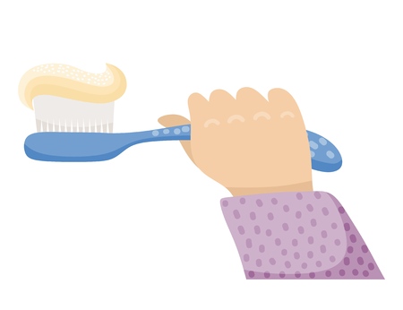 Color image of a male hand with a toothbrush and toothpaste on a white background. Vector illustration of a morning and evening hygiene.のイラスト素材