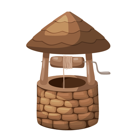 Color image of a simple well with a roof on a white background in the style of a cartoon.のイラスト素材