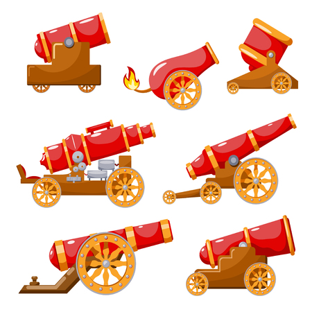 Set Vintage gun. Color image of medieval cannon firing on a white background. Cartoon style. The subject of war and aggression. Stock vector illustration.のイラスト素材