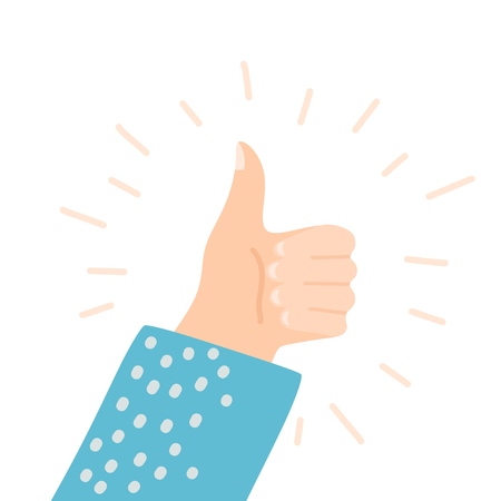 Cartoon style image of a hand with a raised thumb. The sign is good. Thumb up symbol, finger up icon vector illustration.のイラスト素材