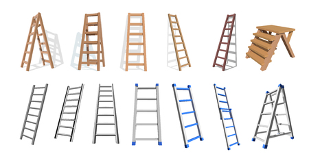 Set of wooden and metal stairs. Wooden, metal staircase on a white background. Vector ladders illustration.のイラスト素材