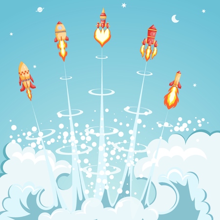 Five launching cartoon space rockets on retro background. Space vintage transport with flame and smoke. Collection of red rockets. Set of vector illustrationのイラスト素材