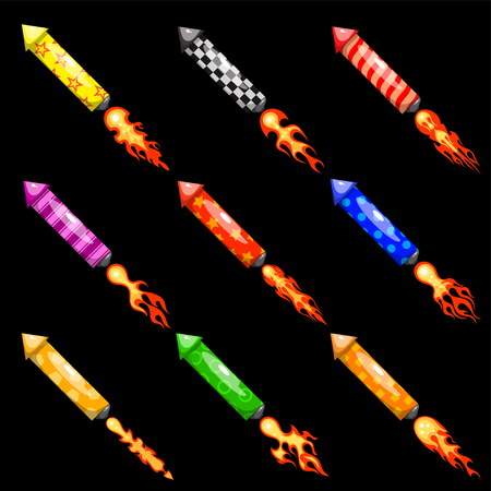 Bright image of a set of firework missiles on a black background. Festive items for fun and festival. Vector illustrationのイラスト素材